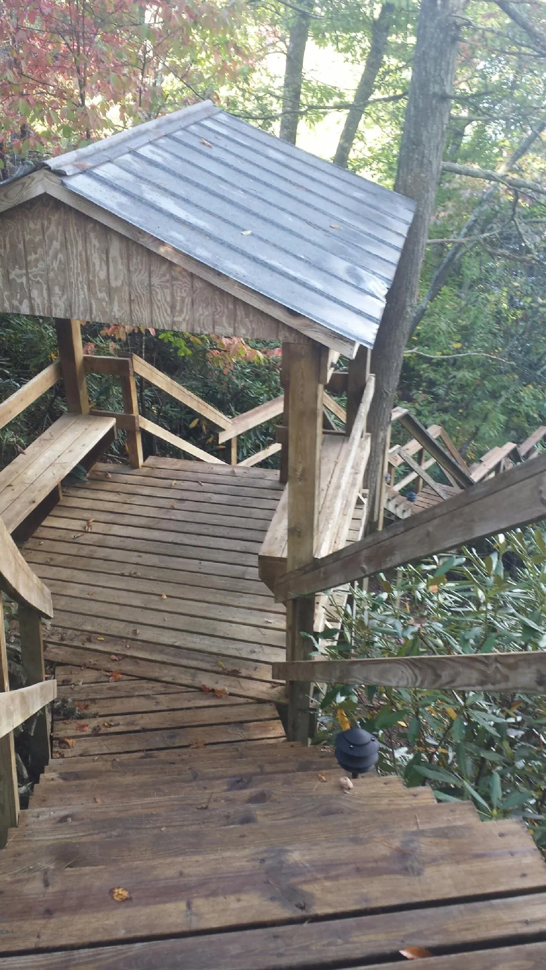Metal roofed shelter over wooden steps on a wooded walkway — Skylight Repair & Installation work by our crew in La Grange